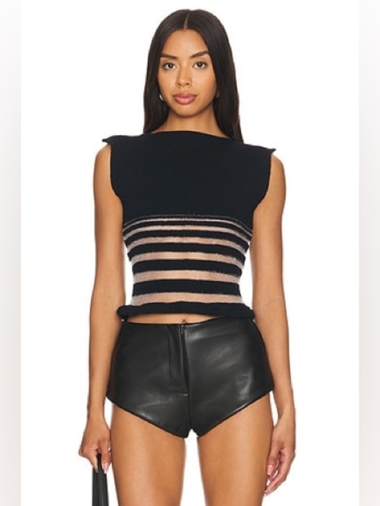 George trochopoulos Tops - George Trochopoulos Black Sheer Stripe Knit Drawstring Top Sleeveless Size S